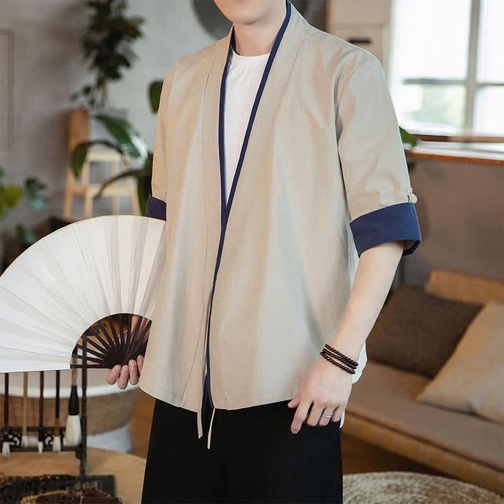 Buddha Stones Kimono da uomo estivo in stile Tang, minimalista, con scollo a V e coulisse, maniche a tre quarti. - image 13