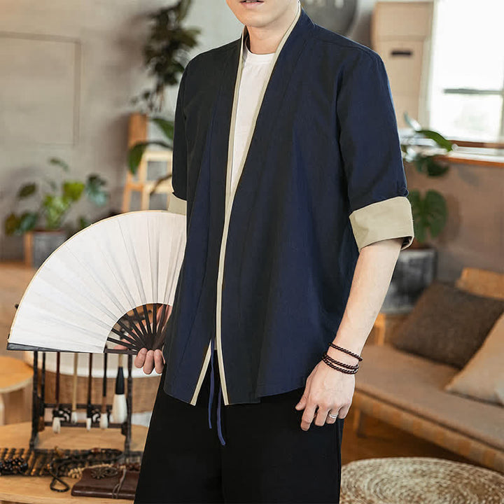Buddha Stones Kimono da uomo estivo in stile Tang, minimalista, con scollo a V e coulisse, maniche a tre quarti. - image 1