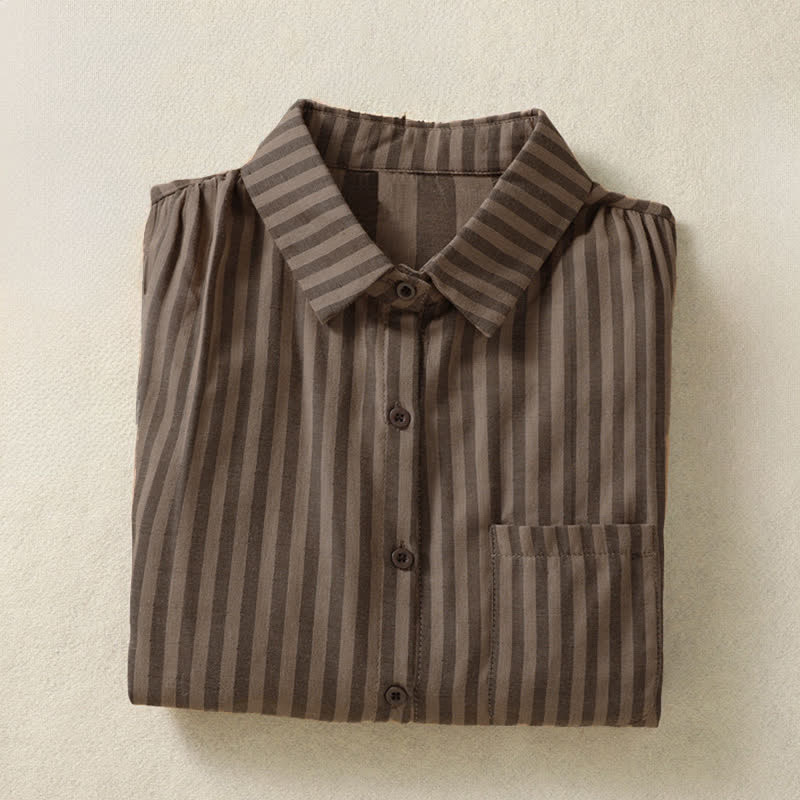 Buddha Stones Camicia da donna estiva casual a maniche corte a righe con bottoni e taschino applicato - image 15