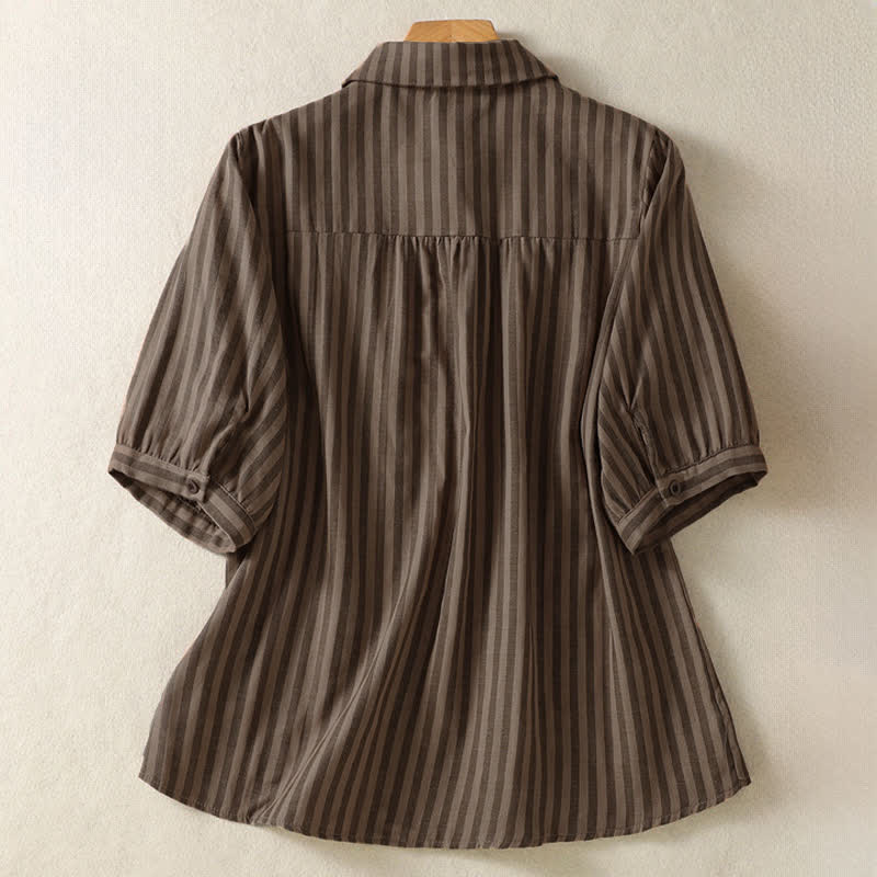 Buddha Stones Camicia da donna estiva casual a maniche corte a righe con bottoni e taschino applicato - image 14