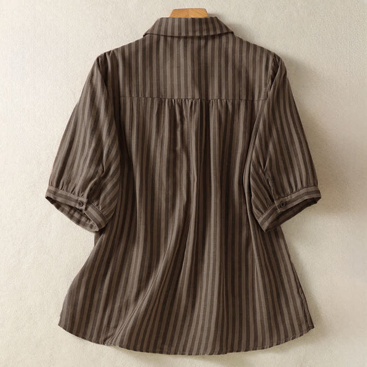 Buddha Stones Camicia da donna estiva casual a maniche corte a righe con bottoni e taschino applicato - image 14