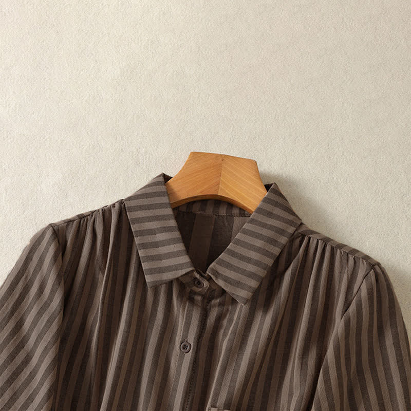 Buddha Stones Camicia da donna estiva casual a maniche corte a righe con bottoni e taschino applicato - image 16