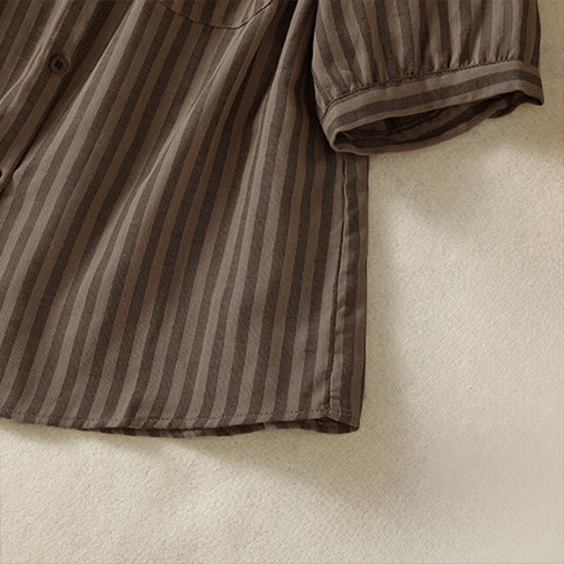 Buddha Stones Camicia da donna estiva casual a maniche corte a righe con bottoni e taschino applicato - image 20