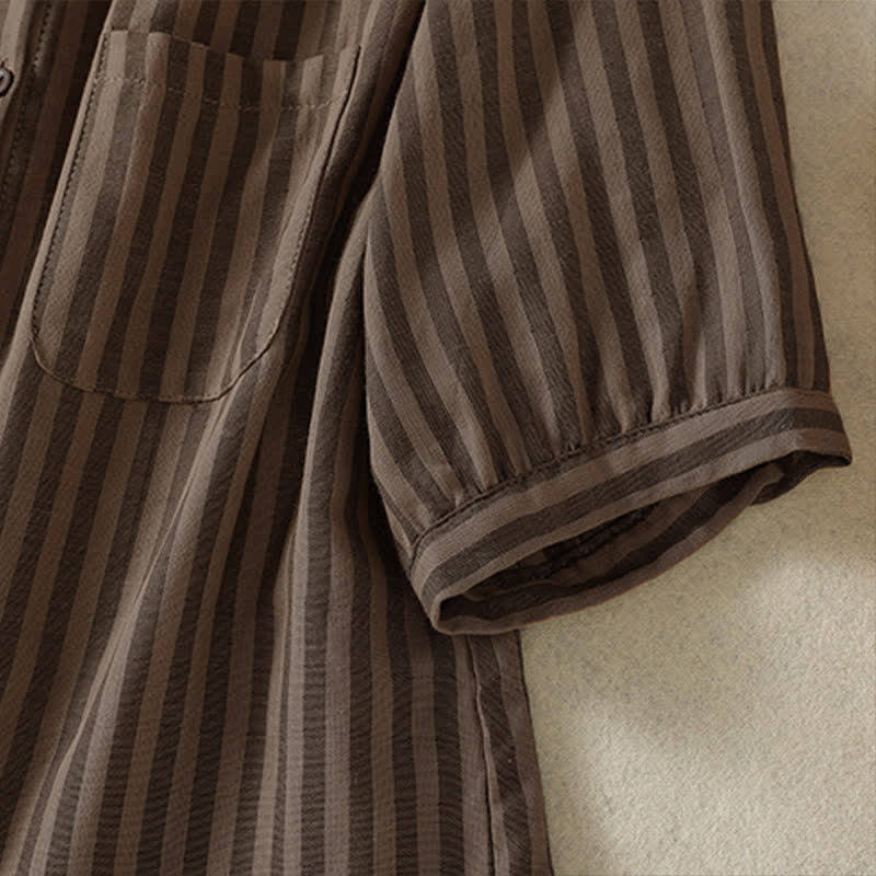 Buddha Stones Camicia da donna estiva casual a maniche corte a righe con bottoni e taschino applicato - image 21