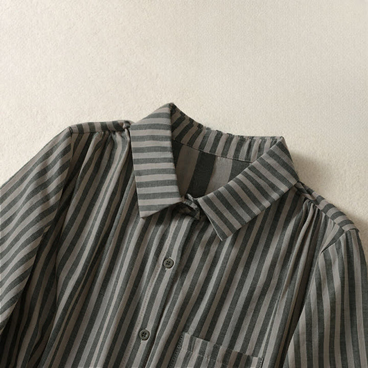 Buddha Stones Camicia da donna estiva casual a maniche corte a righe con bottoni e taschino applicato - image 2