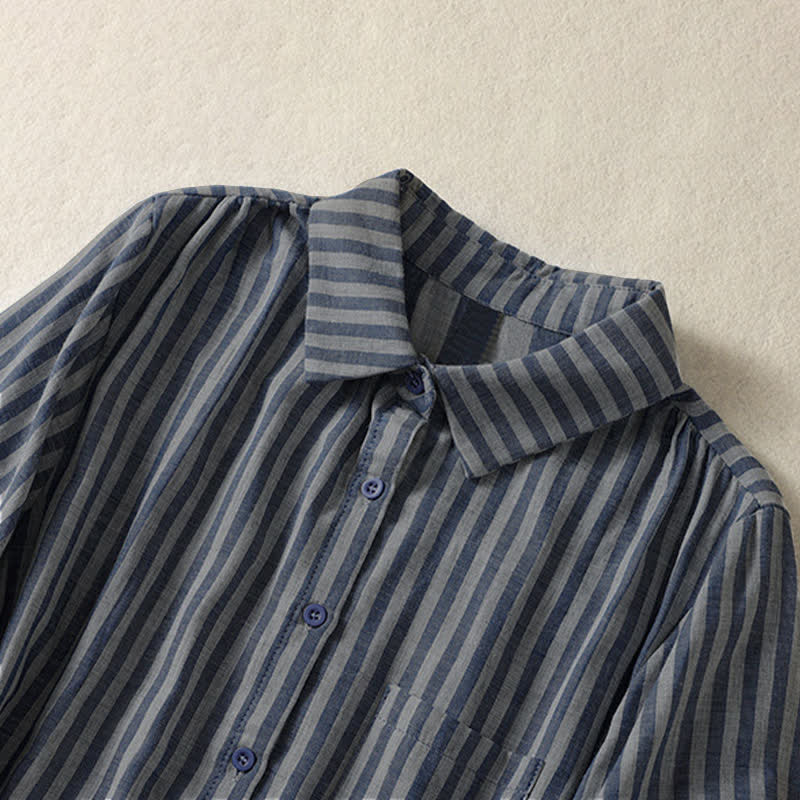 Buddha Stones Camicia da donna estiva casual a maniche corte a righe con bottoni e taschino applicato - image 25