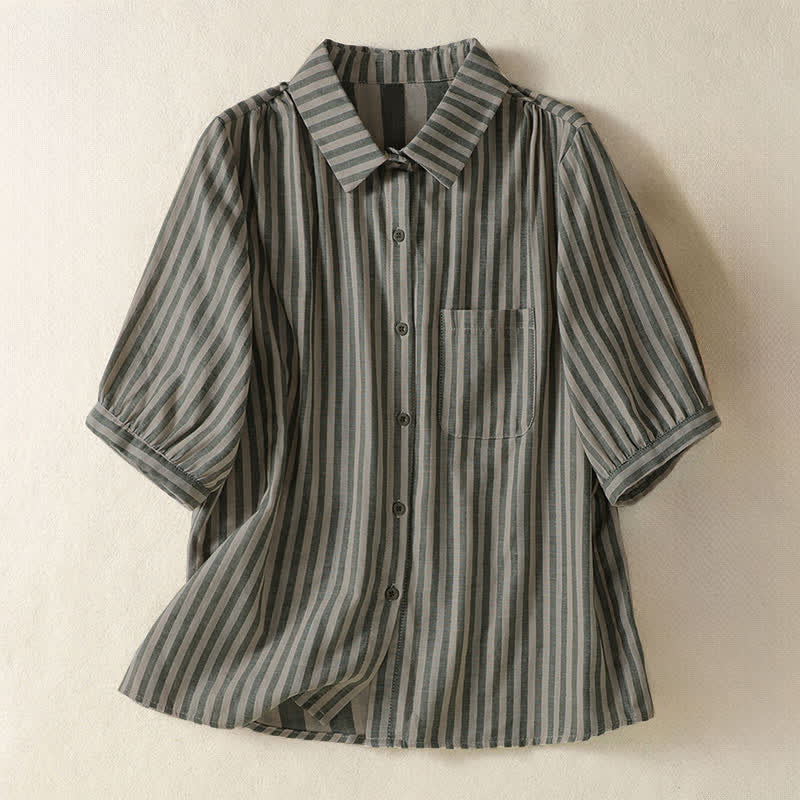 Buddha Stones Camicia da donna estiva casual a maniche corte a righe con bottoni e taschino applicato - Verde oliva - US12, UK/AU16, EU44 (3XL) - image 0