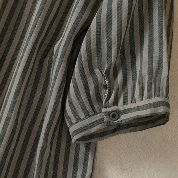 Buddha Stones Camicia da donna estiva casual a maniche corte a righe con bottoni e taschino applicato - image 6