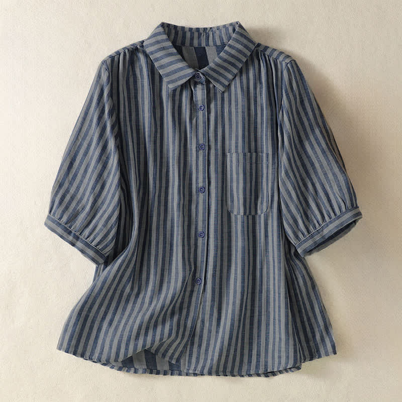 Buddha Stones Camicia da donna estiva casual a maniche corte a righe con bottoni e taschino applicato - SteelBlue - US12, UK/AU16, EU44 (3XL) - image 24