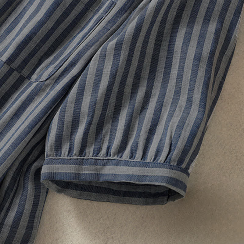 Buddha Stones Camicia da donna estiva casual a maniche corte a righe con bottoni e taschino applicato - image 28