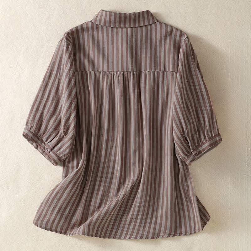 Buddha Stones Camicia da donna estiva casual a maniche corte a righe con bottoni e taschino applicato - image 9
