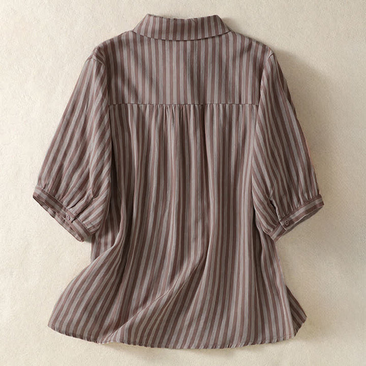 Buddha Stones Camicia da donna estiva casual a maniche corte a righe con bottoni e taschino applicato - image 9