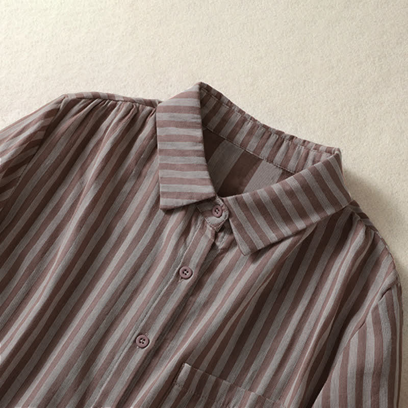 Buddha Stones Camicia da donna estiva casual a maniche corte a righe con bottoni e taschino applicato - image 10