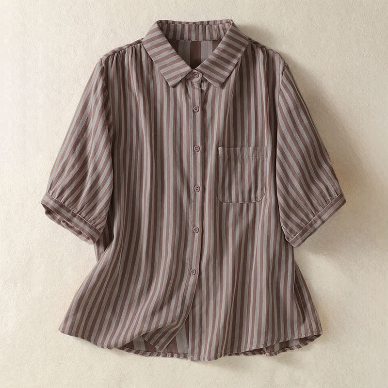 Buddha Stones Camicia da donna estiva casual a maniche corte a righe con bottoni e taschino applicato - Marrone rosato - US12, UK/AU16, EU44 (3XL) - image 8