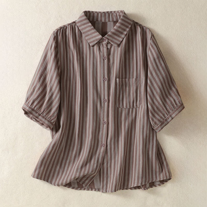 Buddha Stones Camicia da donna estiva casual a maniche corte a righe con bottoni e taschino applicato - Marrone rosato - US12, UK/AU16, EU44 (3XL) - image 8