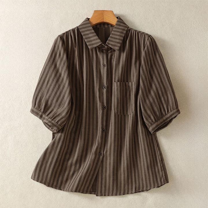 Buddha Stones Camicia da donna estiva casual a maniche corte a righe con bottoni e taschino applicato - Marrone sella - US12, UK/AU16, EU44 (3XL) - image 13