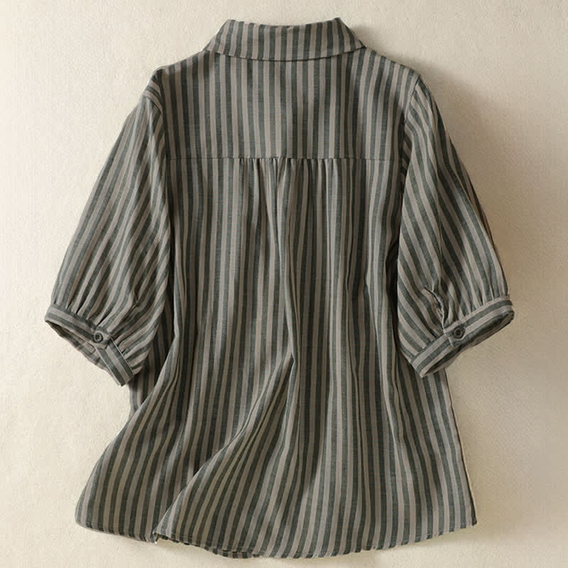 Buddha Stones Camicia da donna estiva casual a maniche corte a righe con bottoni e taschino applicato - image 1