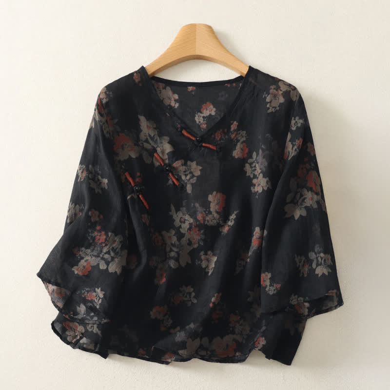Buddha Stones Camicia da donna estiva stile Tang vintage con scollo a V, bottoni a rana e stampa floreale, maniche a tre quarti. - Nero - US12, UK/AU16, EU44 (3XL) - image 0