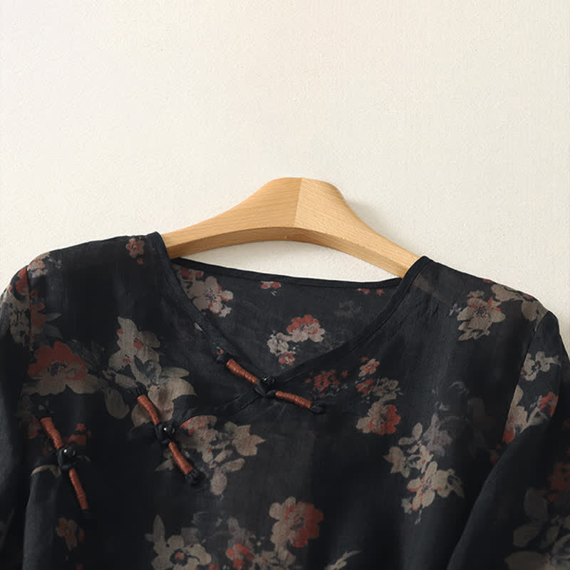 Buddha Stones Camicia da donna estiva stile Tang vintage con scollo a V, bottoni a rana e stampa floreale, maniche a tre quarti. - image 1