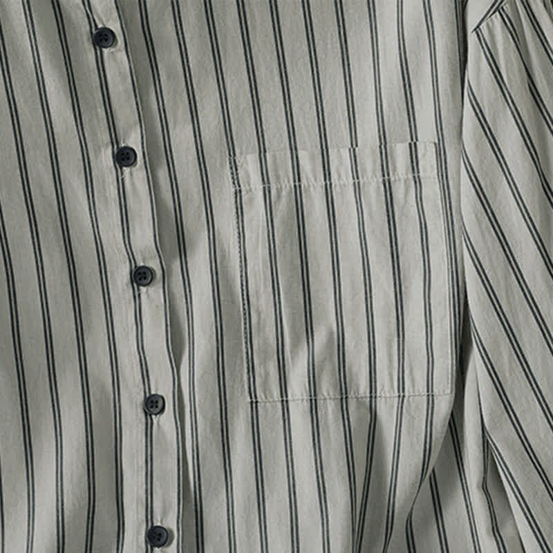 Buddha Stones Camicia da donna a maniche lunghe, casual, minimalista, con bottoni, a righe e profili a contrasto, ideale per la primavera/estate, con taschino applicato. - image 6