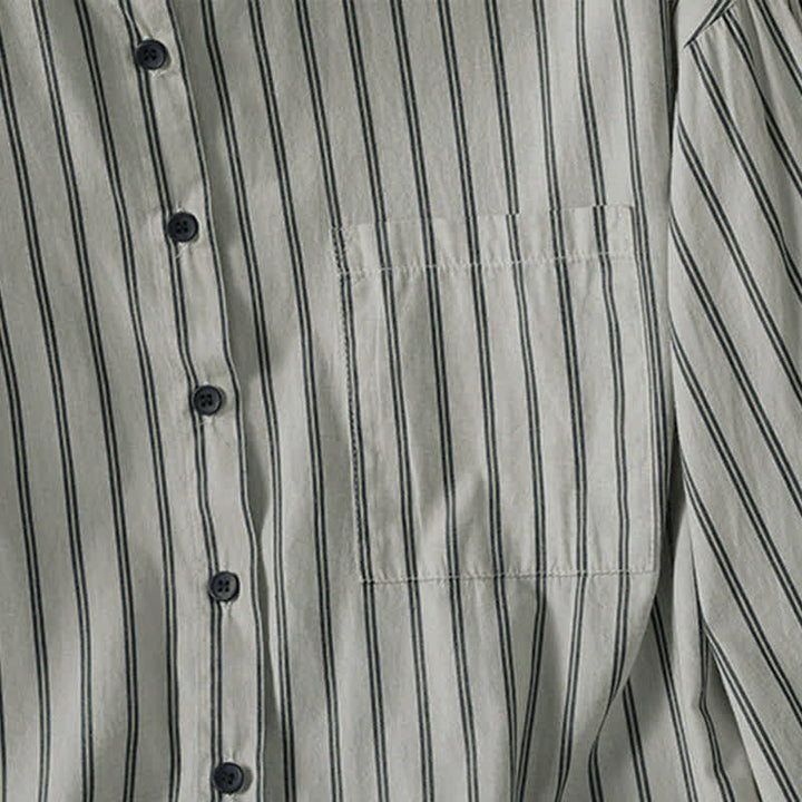 Buddha Stones Camicia da donna a maniche lunghe, casual, minimalista, con bottoni, a righe e profili a contrasto, ideale per la primavera/estate, con taschino applicato. - image 6