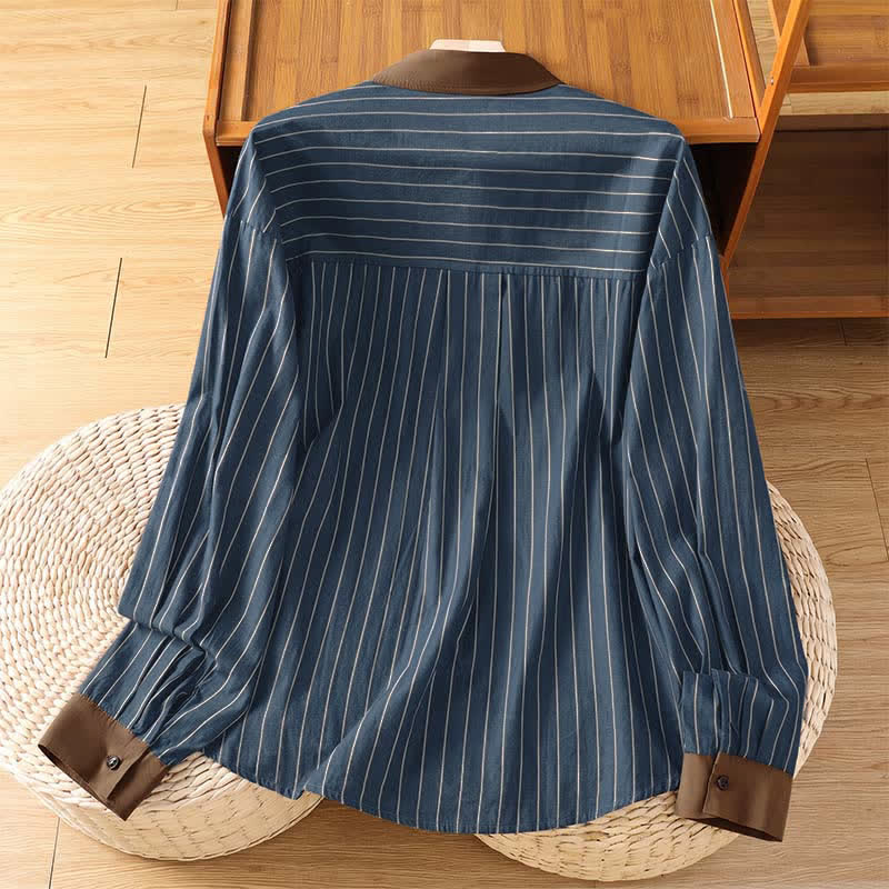 Buddha Stones Camicia da donna a maniche lunghe, casual, minimalista, con bottoni, a righe e profili a contrasto, ideale per la primavera/estate, con taschino applicato. - image 11