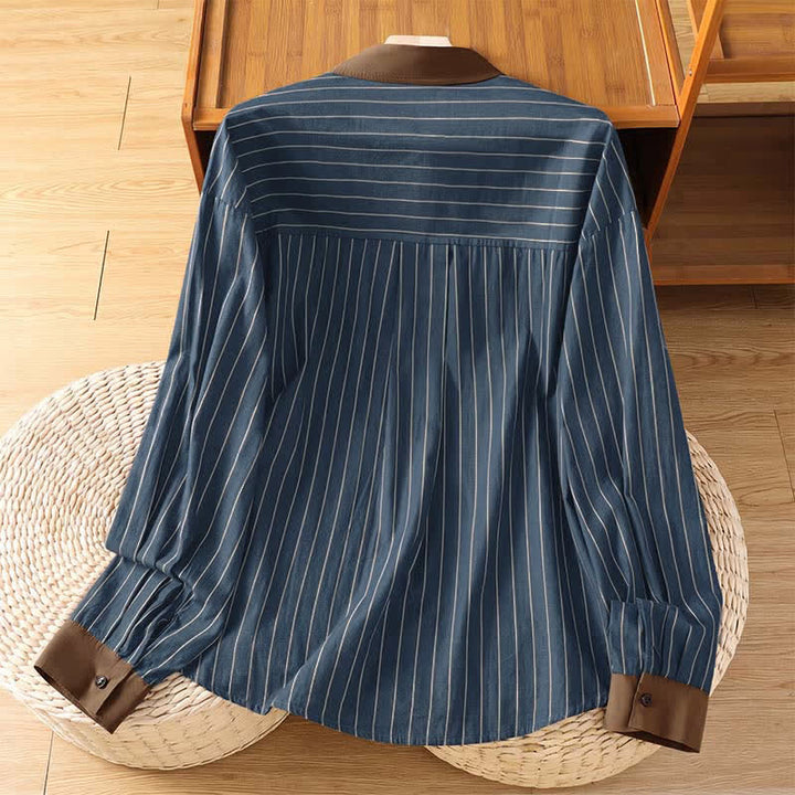 Buddha Stones Camicia da donna a maniche lunghe, casual, minimalista, con bottoni, a righe e profili a contrasto, ideale per la primavera/estate, con taschino applicato. - image 11