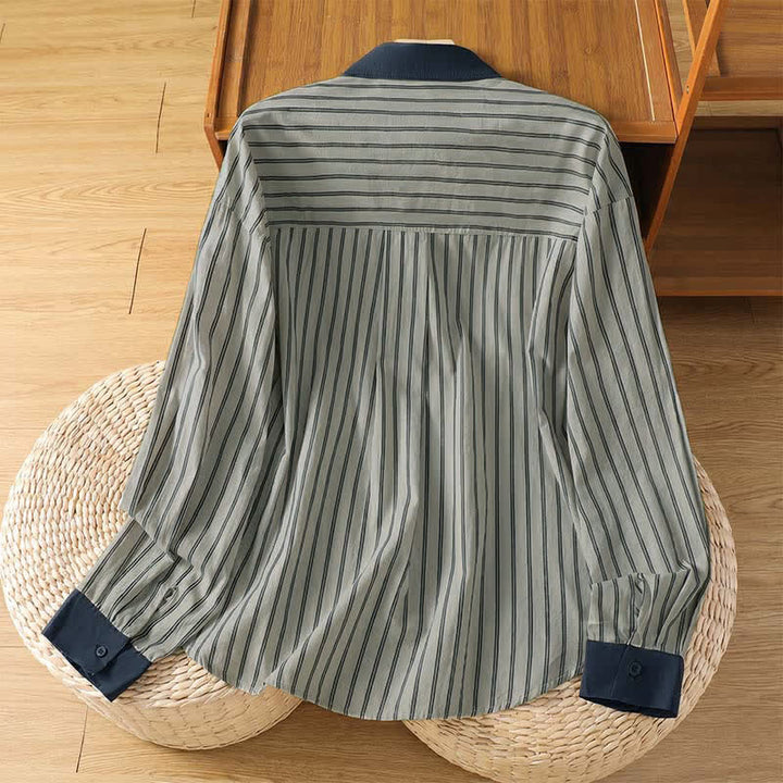 Buddha Stones Camicia da donna a maniche lunghe, casual, minimalista, con bottoni, a righe e profili a contrasto, ideale per la primavera/estate, con taschino applicato. - image 2