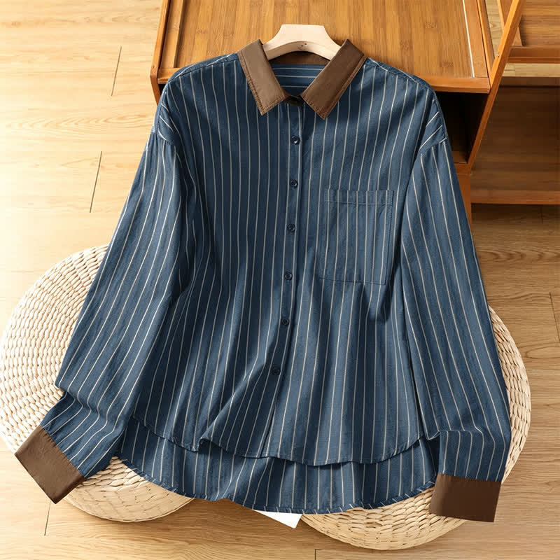 Buddha Stones Camicia da donna a maniche lunghe, casual, minimalista, con bottoni, a righe e profili a contrasto, ideale per la primavera/estate, con taschino applicato. - SteelBlue - US12, UK/AU16, EU44 (2XL) - image 10