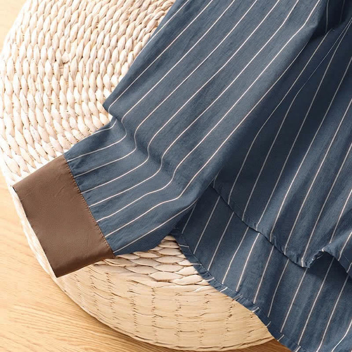 Buddha Stones Camicia da donna a maniche lunghe, casual, minimalista, con bottoni, a righe e profili a contrasto, ideale per la primavera/estate, con taschino applicato. - image 14