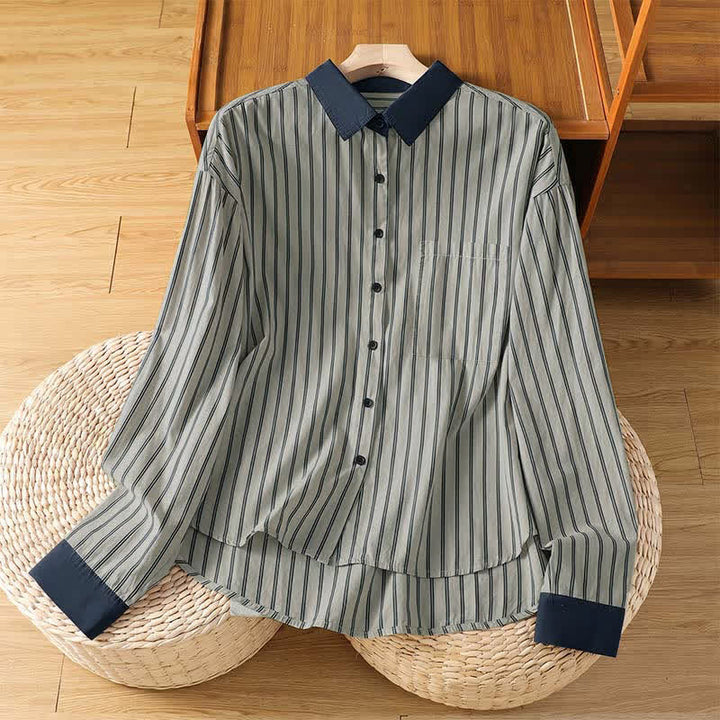 Buddha Stones Camicia da donna a maniche lunghe, casual, minimalista, con bottoni, a righe e profili a contrasto, ideale per la primavera/estate, con taschino applicato. - Gainsboro - US12, UK/AU16, EU44 (2XL) - image 1