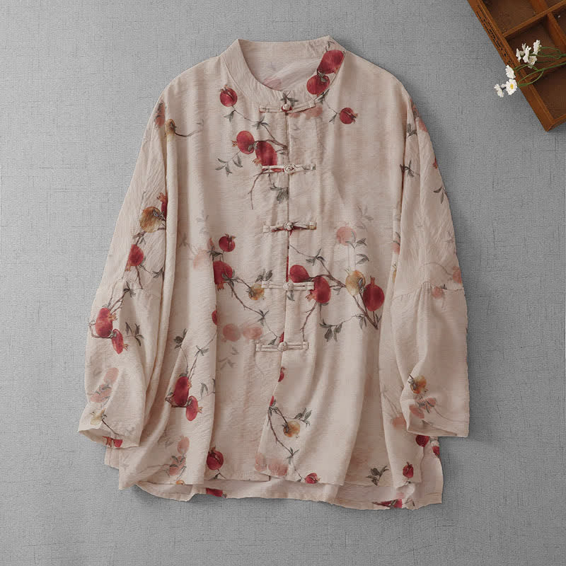 Buddha Stones Camicie da donna a maniche corte in stile vintage Tang con bottoni a forma di rana e stampa di melograni, perfette per l'estate. - Beige - US14, UK/AU18, EU46 (2XL) - image 0