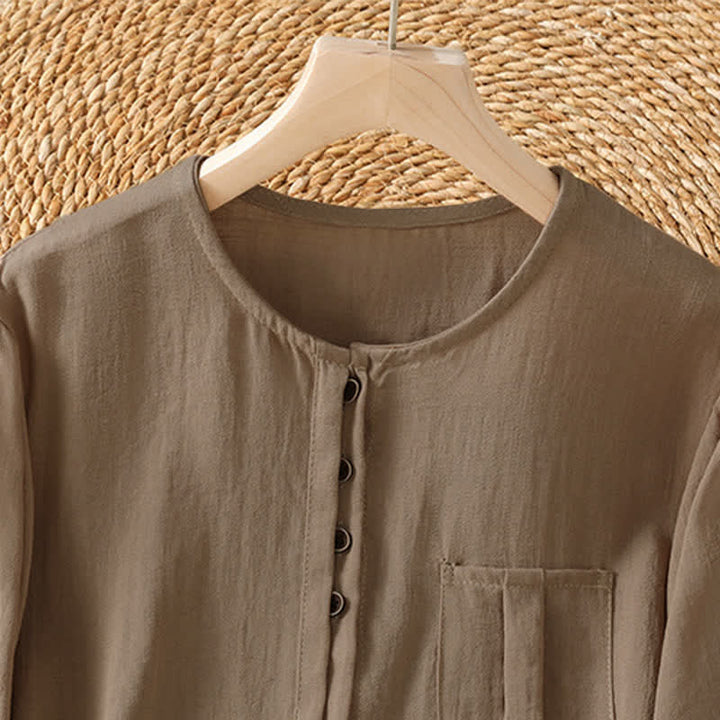 Buddha Stones Camicia da donna primaverile casual e minimalista a maniche a tre quarti con taschino applicato, tinta unita e bottoni. - image 9