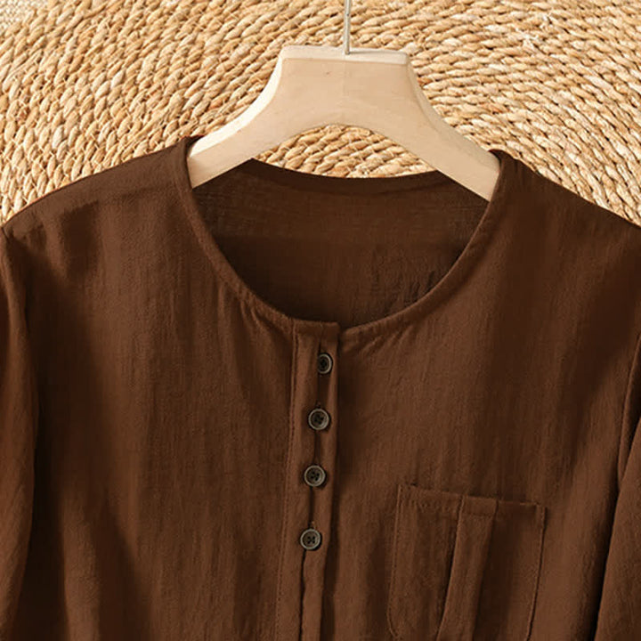 Buddha Stones Camicia da donna primaverile casual e minimalista a maniche a tre quarti con taschino applicato, tinta unita e bottoni. - image 2