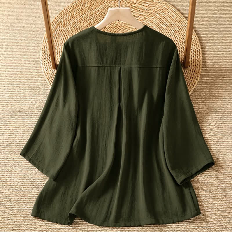 Buddha Stones Camicia da donna primaverile casual e minimalista a maniche a tre quarti con taschino applicato, tinta unita e bottoni. - image 16