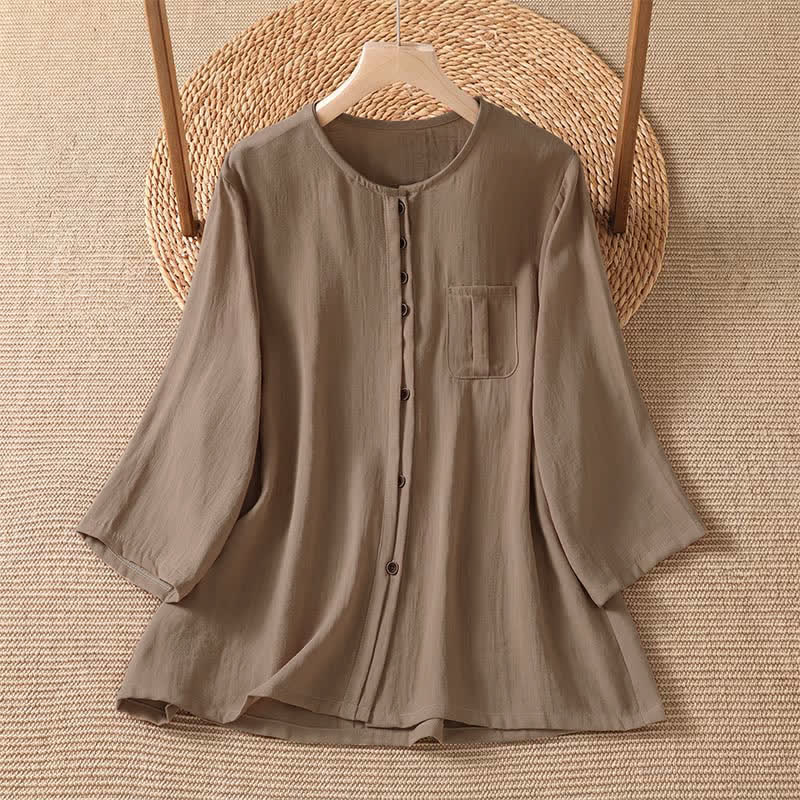 Buddha Stones Camicia da donna primaverile casual e minimalista a maniche a tre quarti con taschino applicato, tinta unita e bottoni. - Tan - US4-8/10, UK/AU8-12/14, EU36-40/42 (F) - image 7