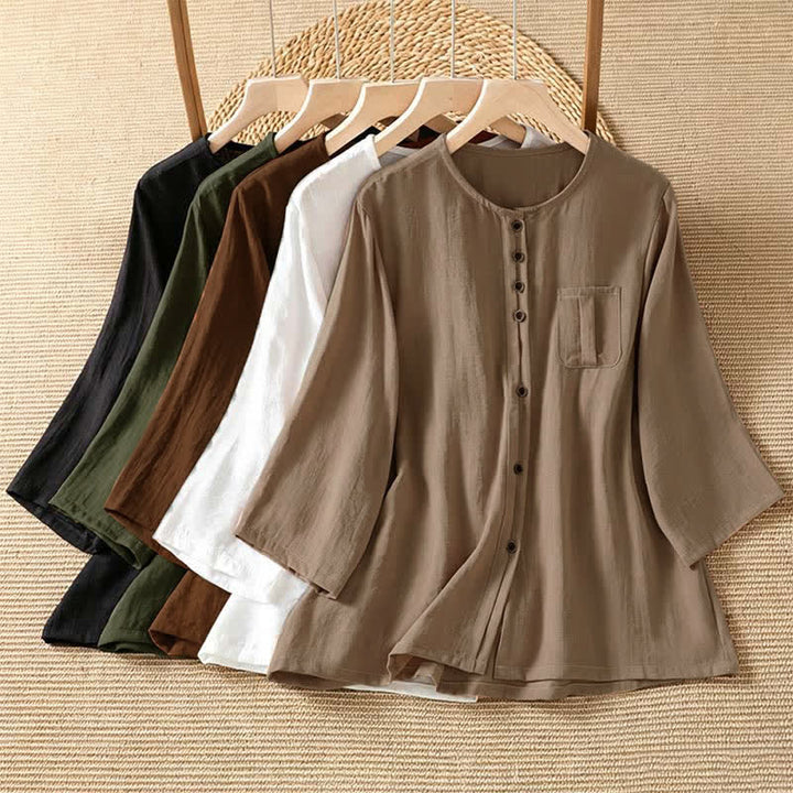 Buddha Stones Camicia da donna primaverile casual e minimalista a maniche a tre quarti con taschino applicato, tinta unita e bottoni. - image 36