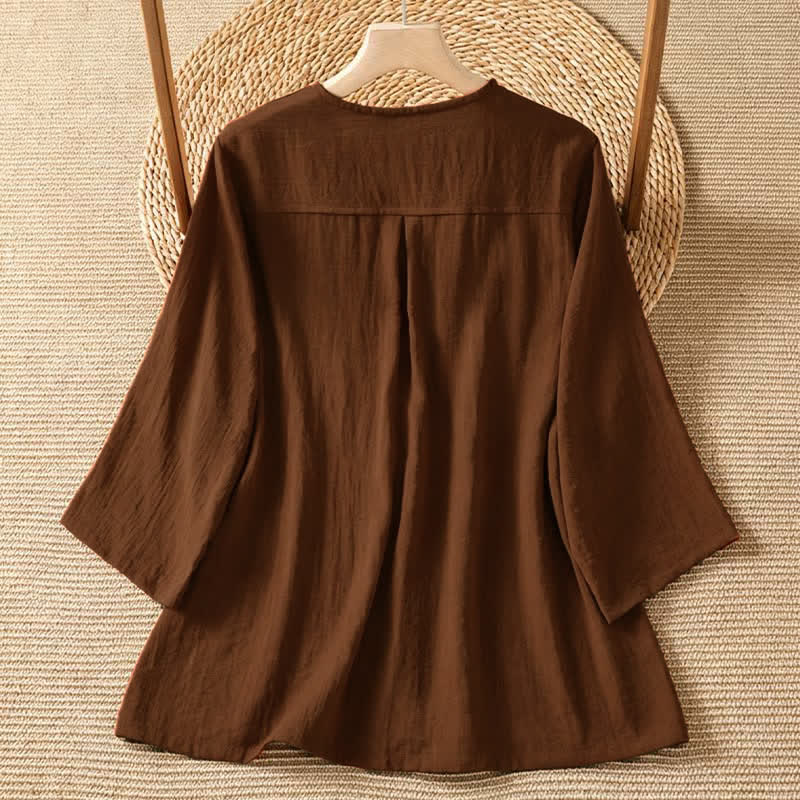 Buddha Stones Camicia da donna primaverile casual e minimalista a maniche a tre quarti con taschino applicato, tinta unita e bottoni. - image 1