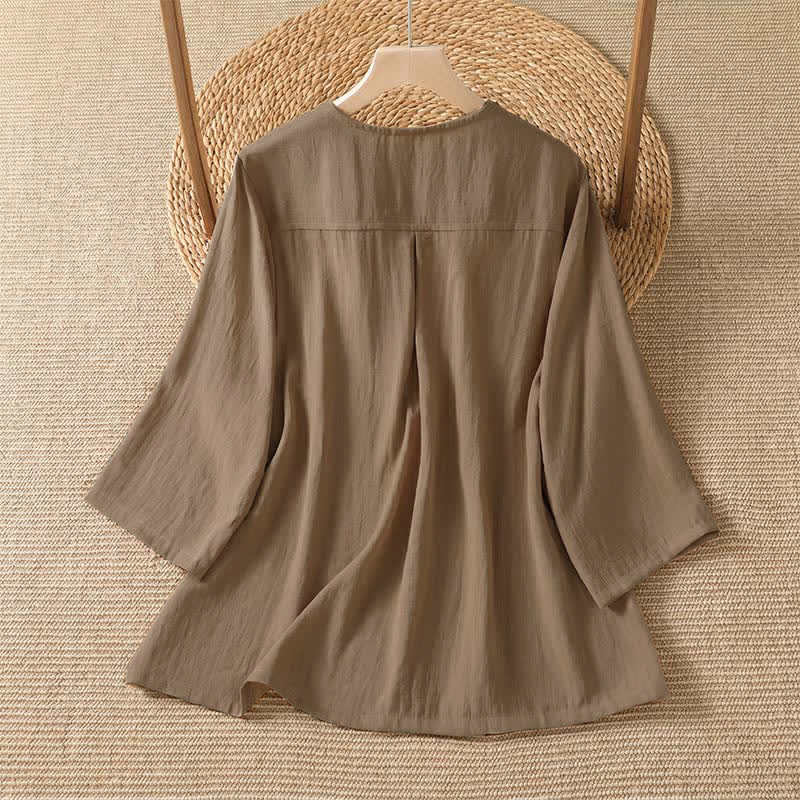 Buddha Stones Camicia da donna primaverile casual e minimalista a maniche a tre quarti con taschino applicato, tinta unita e bottoni. - image 8