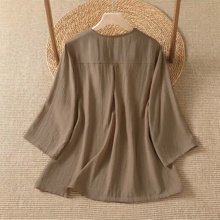 Buddha Stones Camicia da donna primaverile casual e minimalista a maniche a tre quarti con taschino applicato, tinta unita e bottoni. - image 8