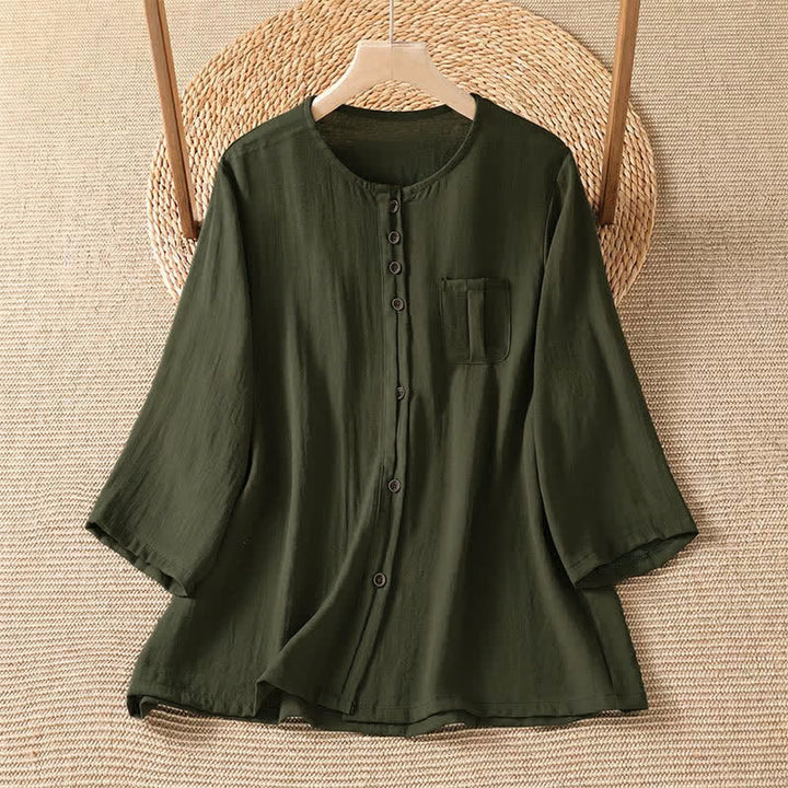 Buddha Stones Camicia da donna primaverile casual e minimalista a maniche a tre quarti con taschino applicato, tinta unita e bottoni. - Verde oliva scuro - US4-8/10, UK/AU8-12/14, EU36-40/42 (F) - image 15