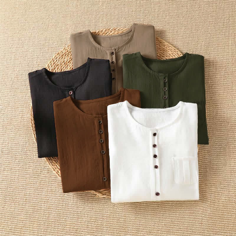 Buddha Stones Camicia da donna primaverile casual e minimalista a maniche a tre quarti con taschino applicato, tinta unita e bottoni. - image 37