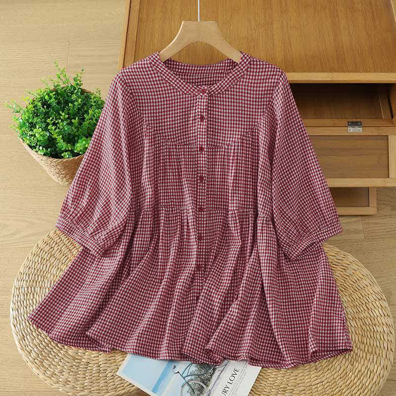 Buddha Stones Camicia da donna estiva casual vintage a maniche corte con bottoni e stampa a quadri rossi, girocollo. - Rosso Indiano - US12, UK/AU16, EU44 (XL) - image 0