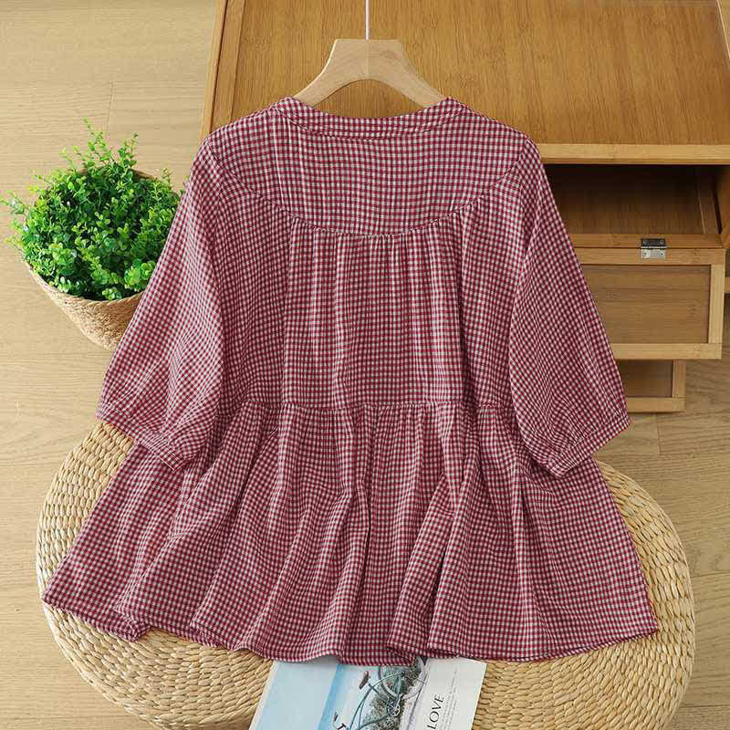 Buddha Stones Camicia da donna estiva casual vintage a maniche corte con bottoni e stampa a quadri rossi, girocollo. - image 1