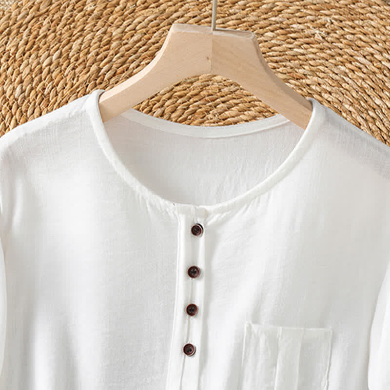 Buddha Stones Camicia da donna primaverile casual e minimalista a maniche a tre quarti con taschino applicato, tinta unita e bottoni. - image 31