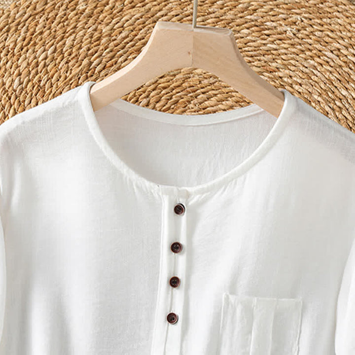 Buddha Stones Camicia da donna primaverile casual e minimalista a maniche a tre quarti con taschino applicato, tinta unita e bottoni. - image 31