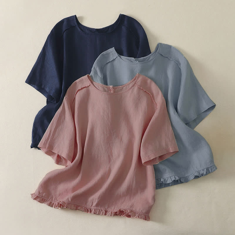 Buddha Stones T-shirt da donna a maniche corte, tinta unita, casual, minimalista, con orlo a volant, ideale per l'estate. - image 0