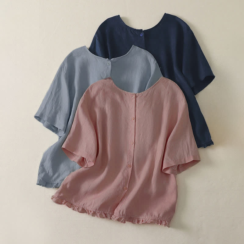 Buddha Stones T-shirt da donna a maniche corte, tinta unita, casual, minimalista, con orlo a volant, ideale per l'estate. - image 1