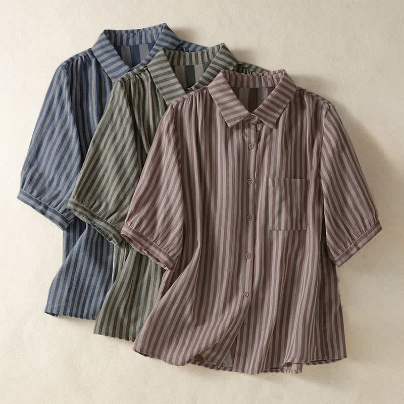 Buddha Stones Camicia da donna estiva casual a maniche corte a righe con bottoni e taschino applicato - image 29