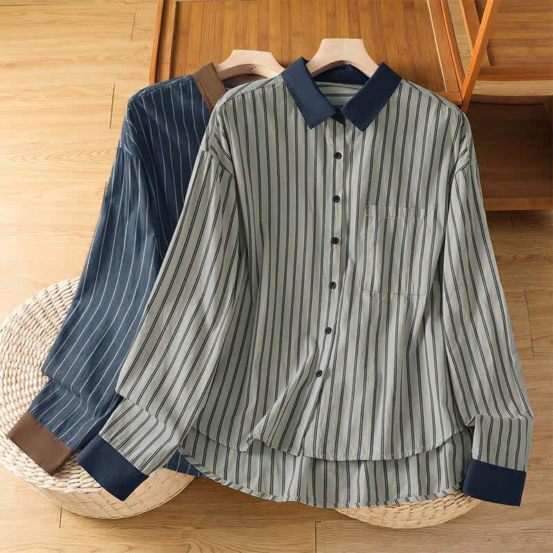 Buddha Stones Camicia da donna a maniche lunghe, casual, minimalista, con bottoni, a righe e profili a contrasto, ideale per la primavera/estate, con taschino applicato. - image 0